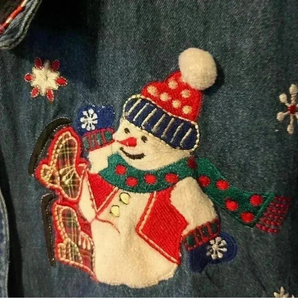 Vintage Ton Trums Denim Button Up Shirt Christmas Tree Snowman Medium - Picture 3 of 11